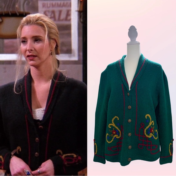 Rare Green Embroidered Cardigan ASO Phoebe Buffay on Friends - Picture 1 of 17
